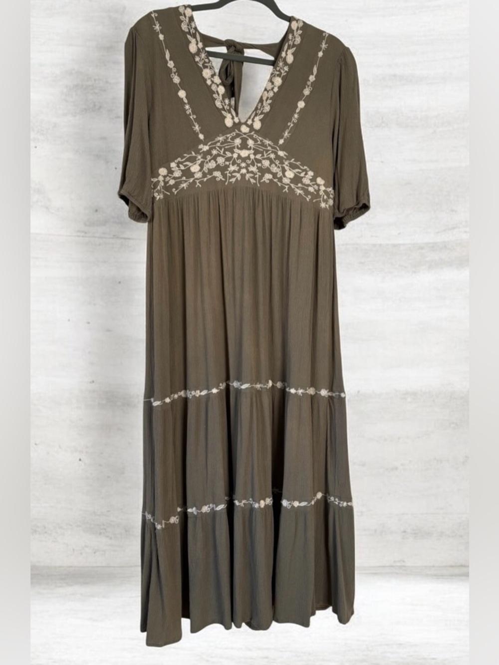 Baltic Born Olive Maxi Dress with Cream Floral Embroidery